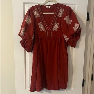 Entro NWT Embroidered Red / Rust V-Neck Women's Dress Size Small
